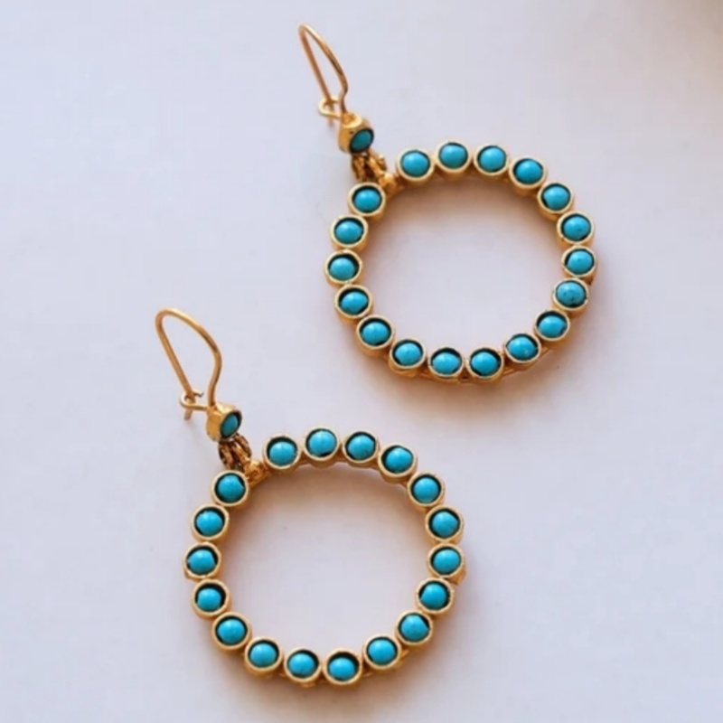 Women's Circular Hanging Ear Hooks with Blue Synthetic Turquoise